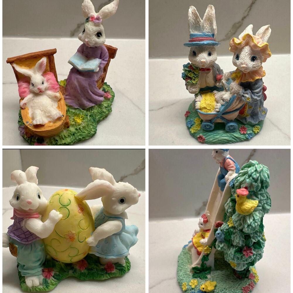 Vintage Set 4 Terry's Village Easter Rabbit Family Resin Statues Hand Painted
